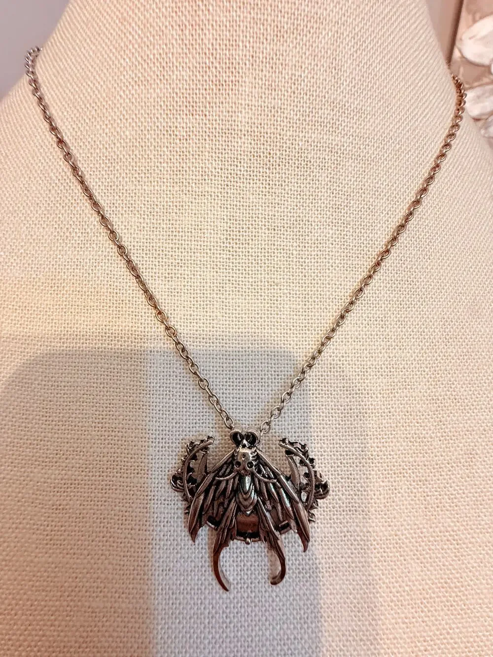 Vintage Death Moth Pendant Necklace 18” Silver Tone